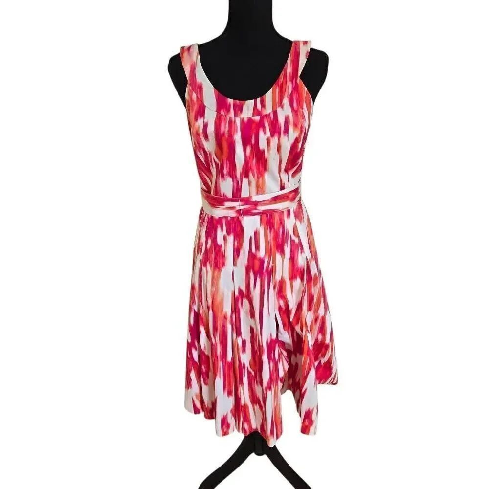 Calvin Klein Womens Abstract Sleeveless Belted Fit & Flare Dress Multicolor Sz 4